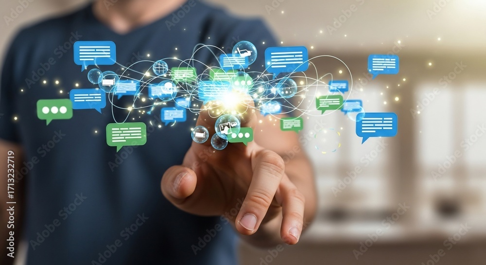 Wall mural man touching digital interface with glowing network of communication bubbles in modern office, repre