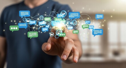 Man touching digital interface with glowing network of communication bubbles in modern office, representing connection and technology.