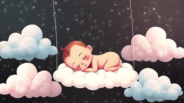 Peaceful Baby Sleeping on a Soft Cloud Under a Starry Night Sky  A Dreamy Lullaby Animation, Peaceful Slumber Adorable Baby Sleeping on a Cloud Swing Under a Starry Night Sky with Dreamy Pastel Clou

