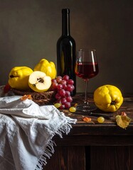 Still life of quinces, grapes, wine and a cloth