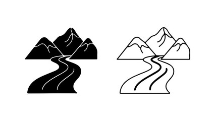 Obraz premium Mountain range with winding river vector icon set.