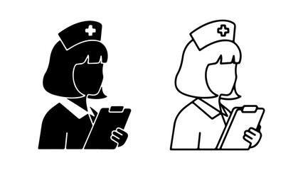 Nurse Icons Medical Professional with Clipboard in Black and White.