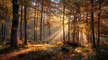 Fototapeta premium Golden light streaming through the trees in an autumn forest. High quality