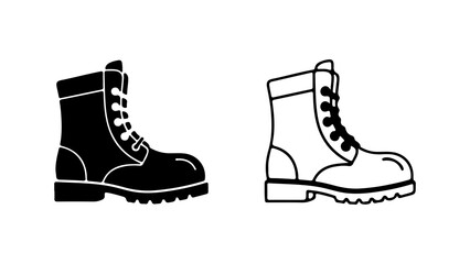 Pair of Combat Boots Black and White Outline Icon Set.
