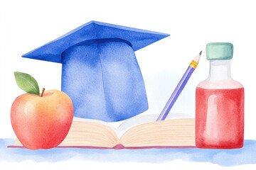 Watercolor illustration featuring a blue graduation cap resting on an open book with a pencil, apple, and ink bottle, conveying study, learning, and academic achievement.