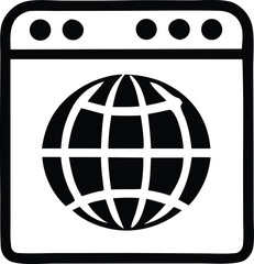 Stylized line art icon of a computer monitor displaying a globe symbolizing internet connectivity and web browsing concepts
