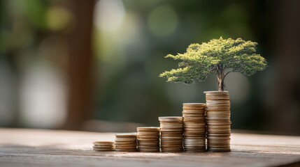 Tree Growing from Stacked Coins Symbolizing Environmental Sustainability and Financial Growth in Nature Conservation Concept