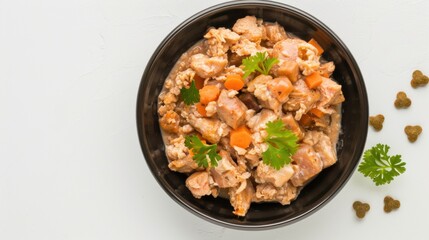 Wet Food for Dogs and Cats in a Bowl on White Background: Highlighting Rich, Meaty Textures, Nutrient-Packed Formulas, and Fresh Appeal – Perfect Visuals for Pet Food E-Commerce Listings, Product Cata