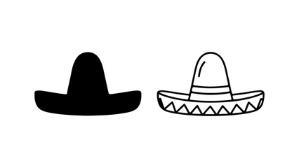 Set of Mexican Sombrero Hat Icons Silhouette and Outline.