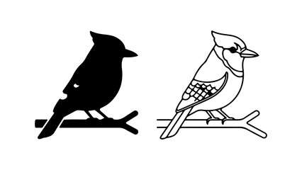Silhouette and Line Art of a Blue Jay Perched on a Branch.