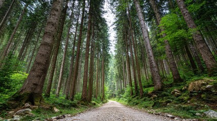 Obraz premium Serene Pathway Through Lush Green Forest Surrounded by Tall Pine Trees and Sunlight Filtering Through the Canopy