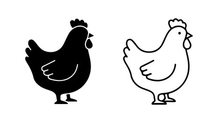 Simple chicken icon set in silhouette and outline style.