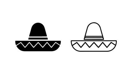 Simple Mexican sombrero hat icon set in silhouette and outline style.