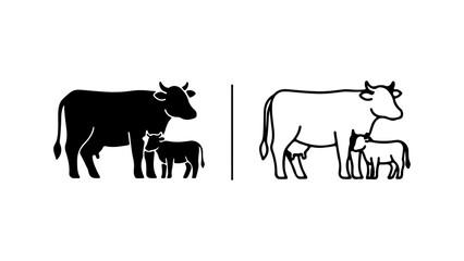 Simple Line Art Cow and Calf Silhouette and Outline.