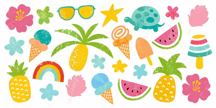 Vibrant summer collection of tropical fruits flowers ice cream and beach accessories