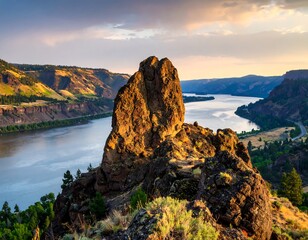 Rocky outcrop overlooking a river at sunset