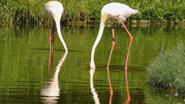 Close up of flamingo searching ina lake on a sunny spring day with his head underwater