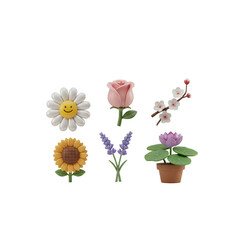 Stylized 3D Render of Assorted Flowers on White Platform, Happy Daisy, Rose, Sunflower, Lavender, Cherry Blossom, Lotus, Floral Design Element for Spring, Summer, or Wellness Themes