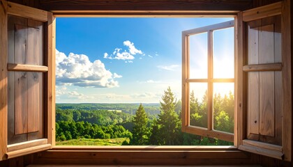 A sunny vista unfolds through an open wooden window, showcasing a tranquil landscape of lush greenery and a clear blue sky.