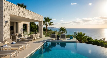 Luxury Villa with Infinity Pool Overlooking the Ocean at Sunset