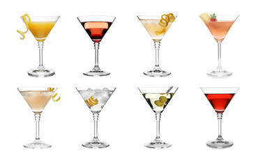 Different cocktails in martini glasses isolated on white, set