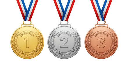 Three champion medals, gold, silver, bronze, first, second, third place, award, achievement, success, victory, competition, winning, prize, reward, celebration, accomplishment, trophy, laurel wre
