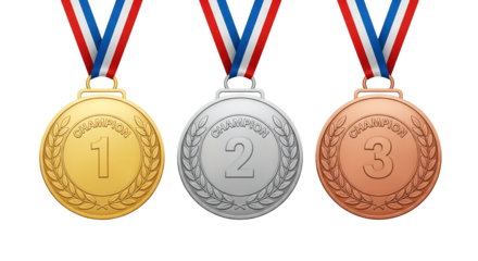 Three champion medals, gold, silver, bronze, first, second, third place, award, achievement, success, victory, competition, winning, prize, reward, celebration, accomplishment, trophy, laurel wre