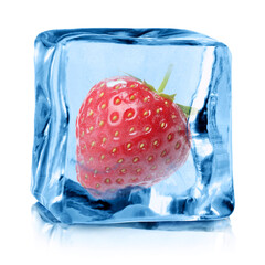 Fresh strawberry in ice cube isolated on white