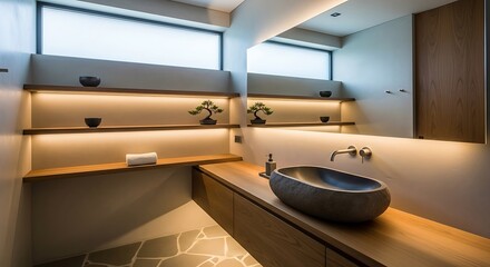Luxurious modern bathroom interior featuring a natural stone vessel sink on a wooden vanity with warm ambient lighting from backlit shelves
