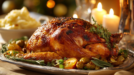 Delicious thanksgiving turkey dinner recipe with sides and decorations
