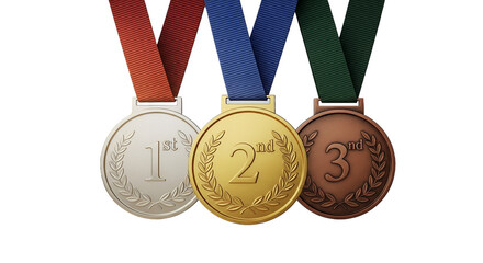 Three Medals, First, Second and Third Place, Award Ceremony, Winner, Competition, Achievement, Success, Victory, Triumph, Prize, Reward, Championship, Golden, Silver, Bronze, Laurel Wreath, Ribbo