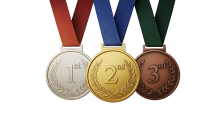 Three Medals, First, Second and Third Place, Award Ceremony, Winner, Competition, Achievement, Success, Victory, Triumph, Prize, Reward, Championship, Golden, Silver, Bronze, Laurel Wreath, Ribbo