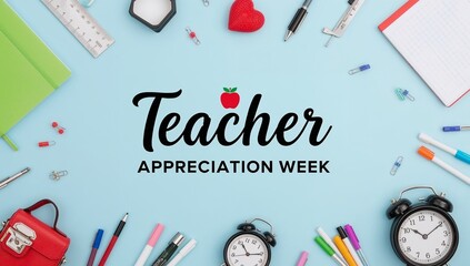 Vibrant flat lay of essential school supplies on a soft blue background, artfully arranged to convey profound gratitude and celebrate the invaluable contributions of educators