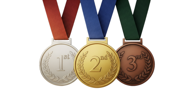 Three Medals, First, Second and Third Place, Award Ceremony, Winner, Competition, Achievement, Success, Victory, Triumph, Prize, Reward, Championship, Golden, Silver, Bronze, Laurel Wreath, Ribbo - Powered by Adobe