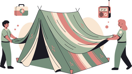 Fototapeta premium vector illustration of a family setting up an emergency shelter tent for a disaster preparedness drill for International Day for Disaster Risk Reduction.