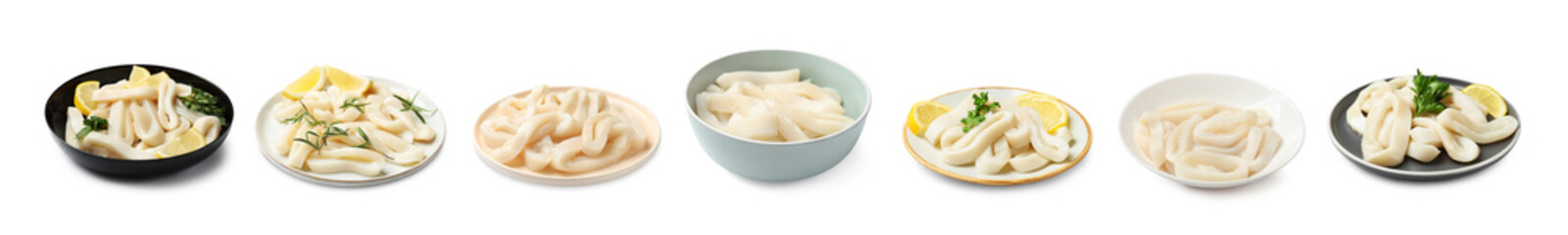 Squid rings isolated on white, set. Sea food