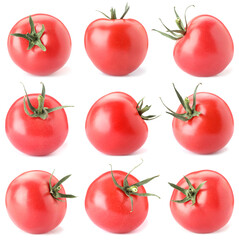 Fresh ripe tomatoes isolated on white, set