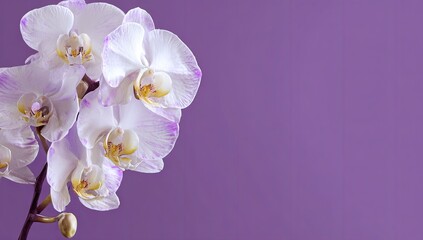 Close-up of a cluster of  pale pink-white orchids against a muted purple background