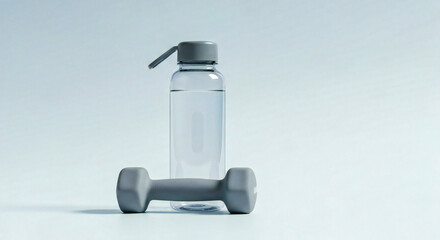 Water Bottle and Dumbbell on Clean Background