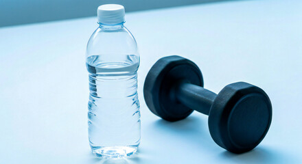 Water Bottle and Dumbbell on Clean Background