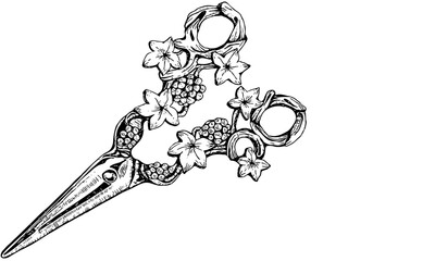 vintage style illustration of a pair of scissors with decorative ornaments