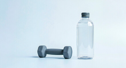 Water Bottle and Dumbbell on Clean Background