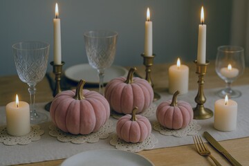 Fototapeta premium coquette thanksgiving table with velvet pumpkins crystal glasses lace and ivory candles concept of elegant seasonal lifestyle decoration