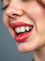 Obraz premium Close up shot of gum inflammation. Cropped shot of a young woman showing red bleeding gums isolated on a gray background. Dentistry, dental care