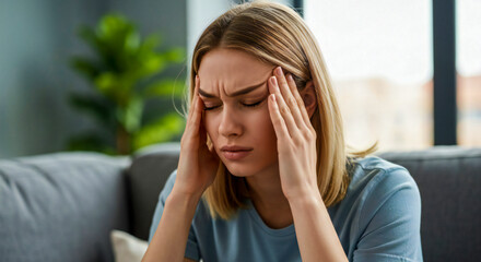 Woman Suffering from Migraine Holding Head