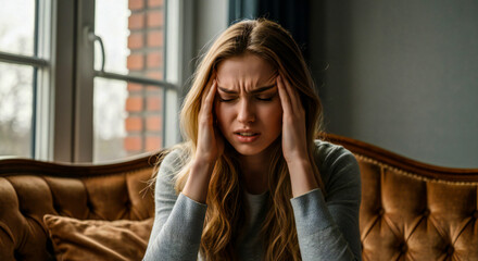Woman Suffering from Migraine Holding Head