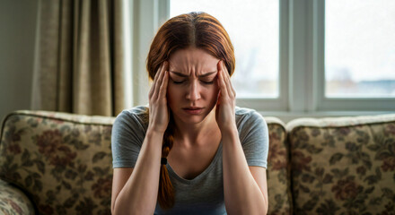 Woman Suffering from Migraine Holding Head
