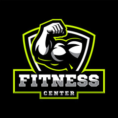 Fitness gym logo design, Strong athlete icon for gym and fitness center on dark background
