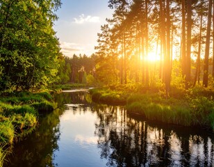 Scenic forest river sunset