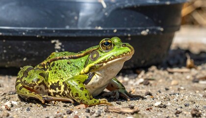 Fototapeta premium A vibrant green frog with speckled patterns rests on sandy ground near a dark object.